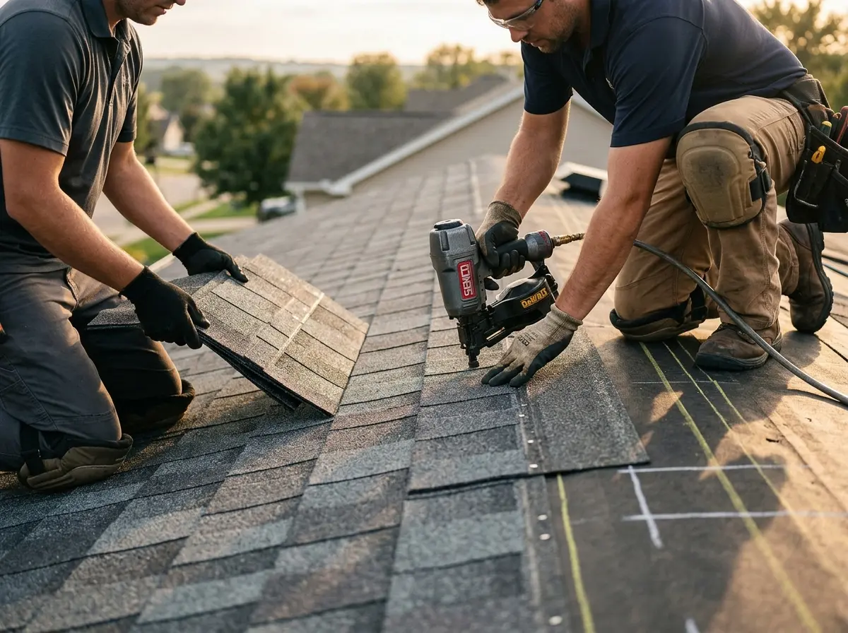 Professional roofer working on a residential roof in O'Fallon